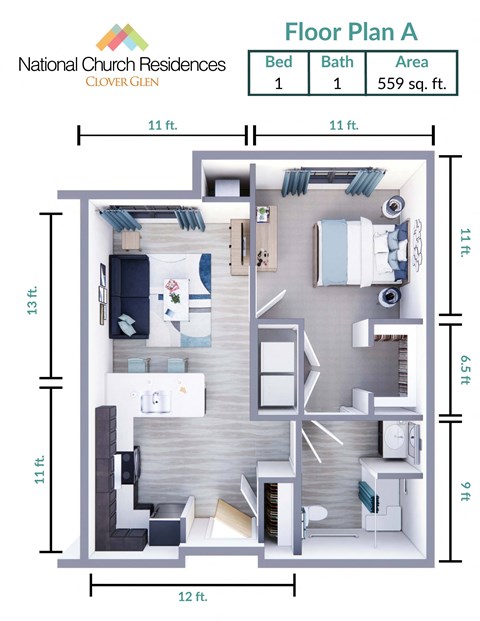 A diagram of the National Church Residences Clover Glen floor plan A.